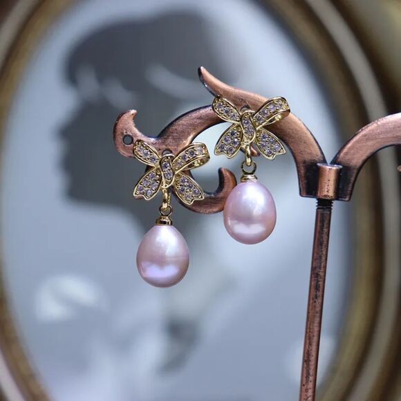 Pearl Bow Knot Earrings Freshwater Pearl Silver and Purple Coguette CZ Earring - Picture 3 of 3